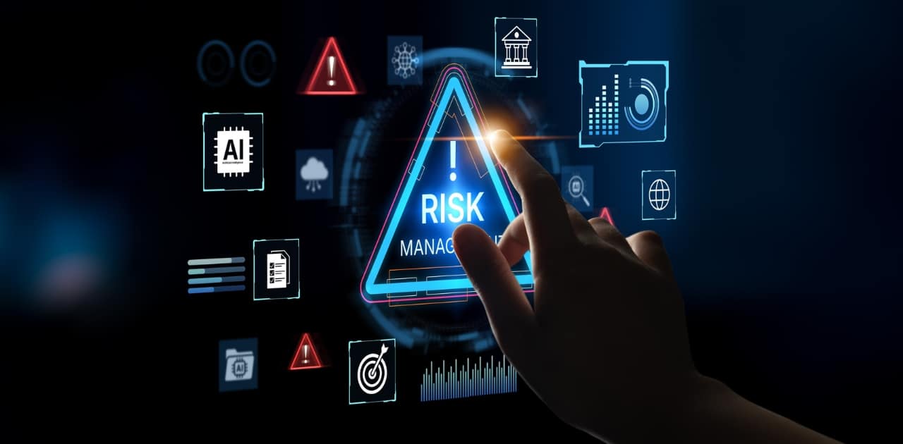 Futuristic risk management featuring AI agents analyzing data, detecting anomalies, and predict financial threats. Represents dynamic risk assessment, compliance, and cyber resilience.